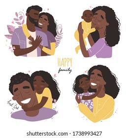 set clip art of a happy smiling black african american families isolated on white background. Happy chidhood concept.