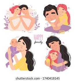 set clip art of a happy smiling families isolated on white background. Happy chidhood concept.
