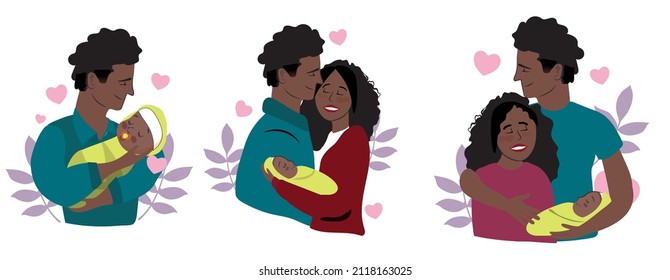 set clip art of a happy smiling black african american families isolated on white background. Happy chidhood concept