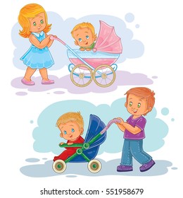 Set clip art illustrations older brother and sister wheeled baby carriage, stroller