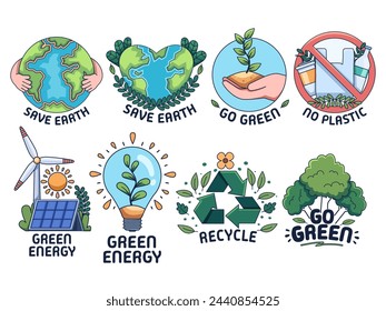 Set of clip art illustrations promoting saving the Earth, ecology, green energy, reducing plastic use, and going green. Perfect for educational materials, presentations, posters, and campaign awarenes