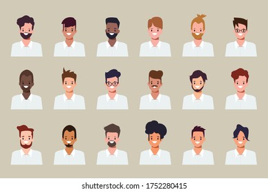 Set of clip art men icon character face difference hair style.