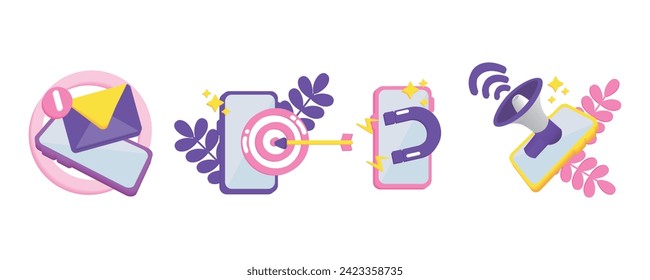 Set of clip art with mobile phone on white background. Concept o