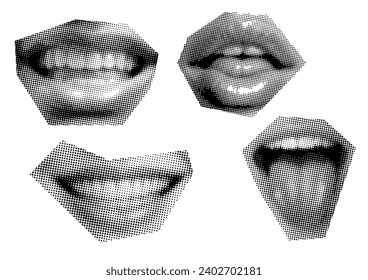 Set clip art Mouth and lips, smile, tongue, dots Punk y2k black and white collage elements