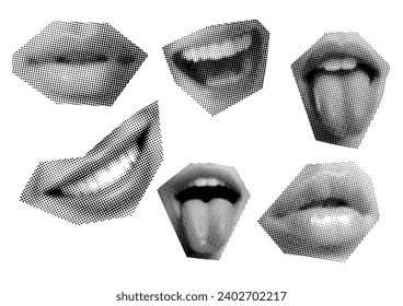 Set clip art Mouth and lips, smile, tongue, dots Punk y2k black and white collage elements