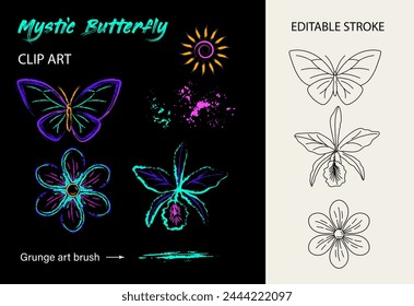 Set, clip art of mystic nature objects. Butterfly, orchid glower, sun icon. Paint brush strokes, splattered paint. Glowing neon fluorescent colors. Design elements with editable stroke