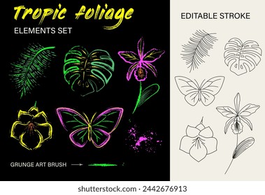 Set, clip art of nature objects. Tropic foliage, flowers, butterfly. Paint brush strokes, splattered paint. Glowing neon fluorescent colors. Design elements with editable stroke