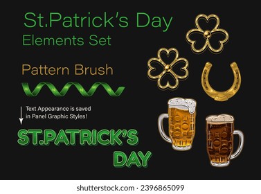 Set, clip art of objects for St Patricks day in vintage style. Jewelry charm clover, horseshoe, glasses with beer, party streamer pattern brush. Text graphic style included