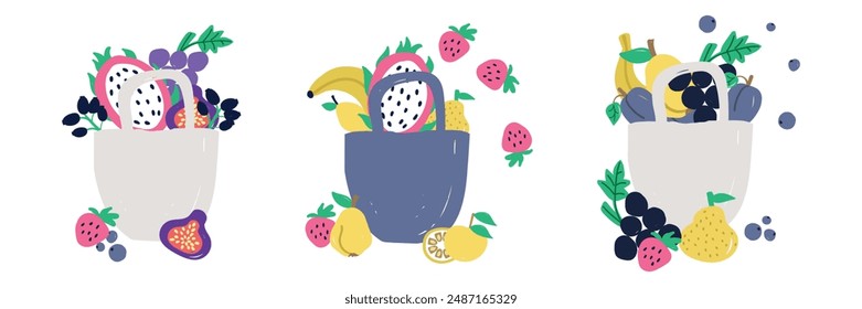 set of clip art a reusable bag filled with fruits. naive art style. flat vector style. natural vitamin food. healthy and fresh fruits.