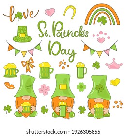 Set of clip art for serving banners, cards, invitations. Big collection for St.Patrick's Day. Gnomes, leopard hat, rainbow, shamrock. Cartoon Flat Vector Illustration