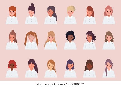 Set of clip art women icon character face difference hair style.