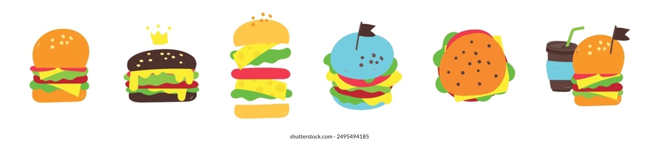 set of clip arts cheeseburgers. National Cheeseburger. Burger design concept vector illustration. Fastfood, junk food.