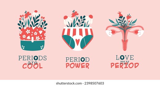 Set of clip arts with feminine hygiene products, container of female pad, panties, reproductive system with blooming flowers, plants, berries, leaves. Vector cartoon illustrations. Period Power.