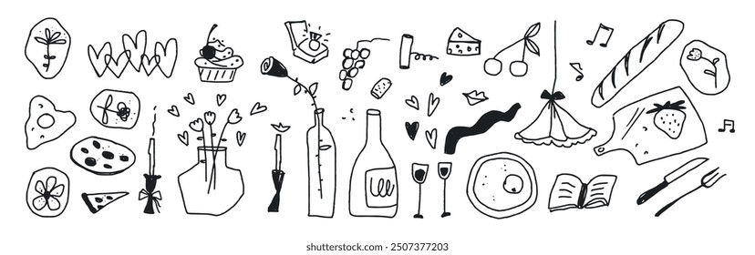 Set of clip arts, the ring, the marriage proposal, food and drink, wine, flowers, black and white culinary hand drawn illustrations on white background. Childish naive doodle design style, vector art.