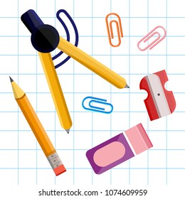 Set of clip, compass, red pen, gray pencil sharpener. School office supplies, stationery. Modern flat cartoons style vector illustration icons. Isolated on white background. 