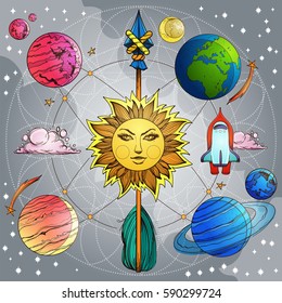 Set clip on the theme of space on an abstract gray background. Interplanetary flights of space research. Cosmogony posters.