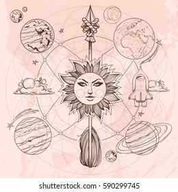 Set clip on the theme of space contour drawing. Interplanetary flights of space research. Cosmogony posters.
