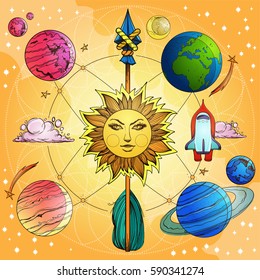 Set clip on the theme of space on abstract light yellow background. Interplanetary flights of space research. Cosmogony posters.