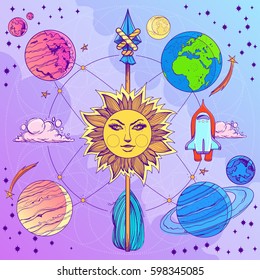 Set clip on the theme of space on abstract light purple background. Interplanetary flights of space research. Cosmogony posters.