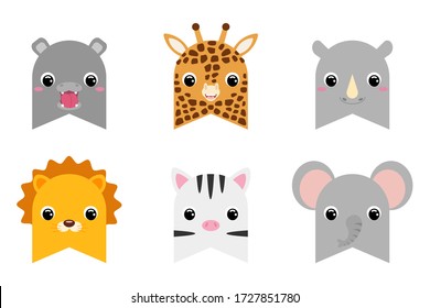 Set of clipart african animal flags decoration for baby shower, birthday party, nursery wall decor. Printable adorable safari themed banner. Flat cartoon colorful vector illustration.