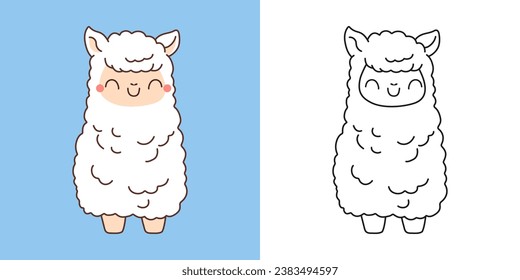 Set Clipart Alpaca Coloring Page and Colored Illustration. Kawaii Isolated Lama. Cute Vector Illustration of a Kawaii Animal for Stickers, Prints for Clothes, Baby Shower. 