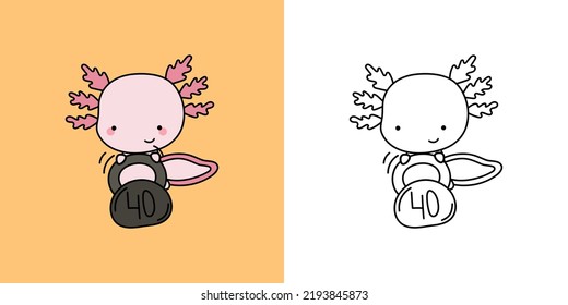 Set Clipart Amphibian Athlete Coloring Page and Colored Illustration. Kawaii Axolotl Sportsman. Vector Illustration of a Kawaii Animal for Coloring Pages, Prints for Clothes, Stickers, Baby Shower.
