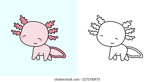 Set Clipart Axolotl Multicolored and Black and White. Kawaii Clip Art Axolotl. Vector Illustration of a Kawaii Animal for Prints for Clothes, Stickers, Baby Shower, Coloring Pages. 