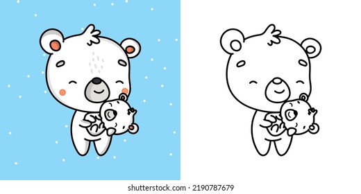 Set Clipart Bear Coloring Page and Colored Illustration. Clip Art Kawaii Polar Bear. Vector Illustration of a Kawaii Animal for Coloring Pages, Prints for Clothes, Stickers, Baby Shower.
