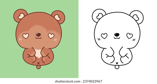 Set Clipart Bear Coloring Page and Colored Illustration. Kawaii Isolated Forest Animal. Cute Vector Illustration of a Kawaii Animal for Stickers, Prints for Clothes, Baby Shower. 