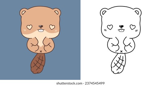 Set Clipart Beaver Coloring Page and Colored Illustration. Kawaii Isolated Animal. Cute Vector Illustration of a Kawaii Forest Animal for Stickers, Prints for Clothes, Baby Shower. 
