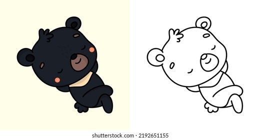 Set Clipart Black Bear Coloring Page and Colored Illustration. Clip Art Kawaii Black Bear. Vector Illustration of a Kawaii Animal for Coloring Pages, Prints for Clothes, Stickers, Baby Shower.
