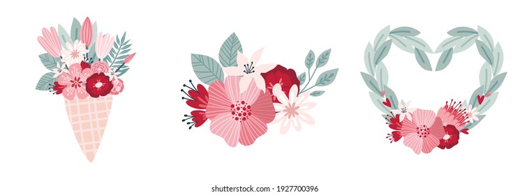 Set clipart Bohemian romantic elements Valentine's day in boho style. Boho rainbow, heart and flowers. Vector