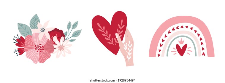 Set clipart Bohemian romantic elements Valentine's day in boho style. Boho rainbow, heart and flowers. Vector