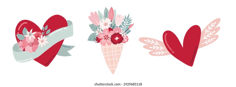 Set clipart Bohemian romantic elements Valentine's day in boho style. Boho rainbow, heart and flowers. Vector