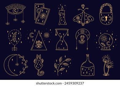 Un conjunto de Clipart en estilo boho sobre el tema de la mística y el esoterismo. Doodle, ilustración plana de arte lineal
