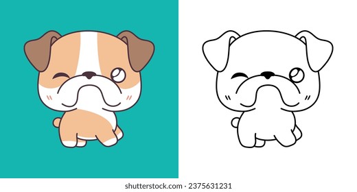 Set Clipart Bulldog Dog Coloring Page and Colored Illustration. Kawaii Isolated Dog. Cute Vector Illustration of a Kawaii Animal for Stickers, Prints for Clothes, Baby Shower. 