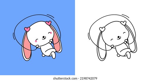 Set Clipart Bunny Athlete Coloring Page and Colored Illustration. Kawaii Rabbit Sportsman. Vector Illustration of a Kawaii Animal for Coloring Pages, Prints for Clothes, Stickers, Baby Shower.
 svg