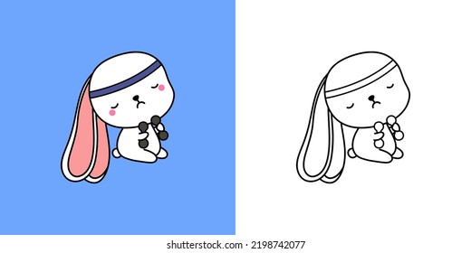 Set Clipart Bunny Athlete Multicolored and Black and White. Kawaii Rabbit Sportsman. Vector Illustration of a Kawaii Animal for Prints for Clothes, Stickers, Baby Shower, Coloring Pages.
