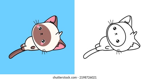 Set Clipart Cat Coloring Page and Colored Illustration. Clip Art Kawaii Siamese Cat. Vector Illustration of a Kawaii Animal for Coloring Pages, Prints for Clothes, Stickers, Baby Shower.
