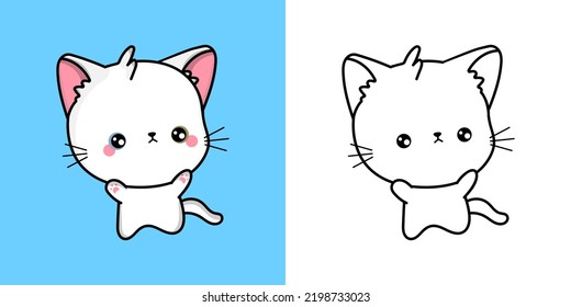 Set Clipart Cat Multicolored and Black and White. Kawaii Clip Art Turkish Angora Cat. Vector Illustration of a Kawaii Animal for Prints for Clothes, Stickers, Baby Shower, Coloring Pages.
