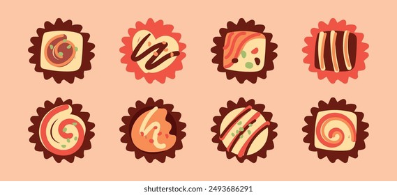 set of clipart chocolate candy.  Celebration of World Chocolate Day with this images. Chocolate candies, cakes, pastries. Delicious food. Bright illustration