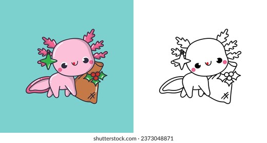 Set Clipart Christmas Axolotl Coloring Page and Colored Illustration. Kawaii Xmas Salamander. Cute Vector Illustration of a Kawaii Marine Animal for Christmas Stickers. 