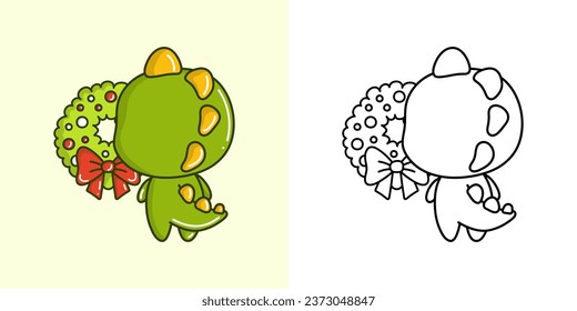 Set Clipart Christmas Dino Coloring Page and Colored Illustration. Kawaii Xmas Dinosaur. Cute Vector Illustration of a Kawaii Animal for Christmas Stickers. 