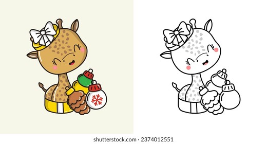 Set Clipart Christmas Giraffe Coloring Page and Colored Illustration. Kawaii Xmas African Animal. Cute Vector Illustration of a Kawaii Animal for Christmas Stickers. 