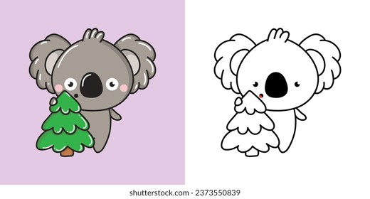 Set Clipart Christmas Koala Bear Coloring Page and Colored Illustration. Kawaii Xmas Animal. Cute Vector Illustration of a Kawaii Koala for Christmas Stickers. 