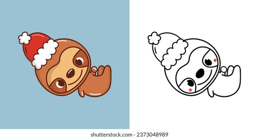 Set Clipart Christmas Sloth Coloring Page and Colored Illustration. Kawaii Xmas Jungle Animal. Cute Vector Illustration of a Kawaii Animal for Christmas Stickers. 
