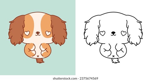 Set Clipart Cocker Spaniel Dog Coloring Page and Colored Illustration. Kawaii Isolated Puppy. Cute Vector Illustration of a Kawaii Pet for Stickers, Prints for Clothes, Baby Shower. 