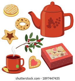 set of clipart, composition of a mug of tea, teapot, boxes of cookies and twigs with berries, color vector illustration on a white background, design, decoration, banner, menu