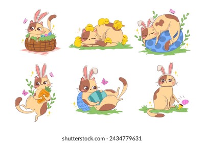 set of clipart with a cute cartoon cat in a bunny costume with Easter attributes. Funny spring character