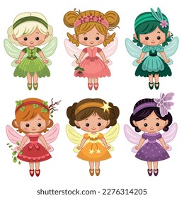 Juego de lindas hadas clipart. Ilustración vectorial.